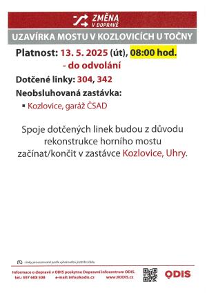 Změna u autobusové zastávky Kozlovice Garáž ČSAD 1