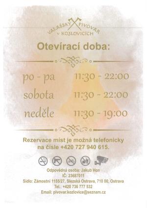 otevírací doba Valašského pivovaru v roce 2026